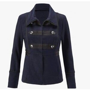 Cabi Double-Breasted Navy Military-Style Jacket With Button Accents & Black Trim
